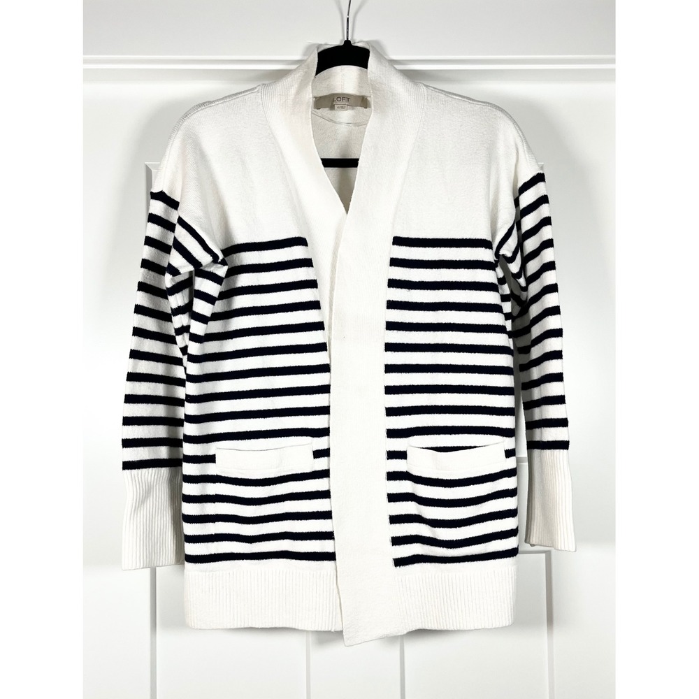 LOFT Striped Cardigan Sweater Womens XS Blue White Open Front Pockets Soft Knit